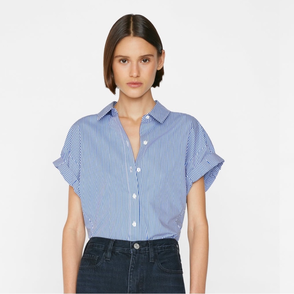 Frame Denim Blue and White Striped Short Sleeve Button-Up Top
